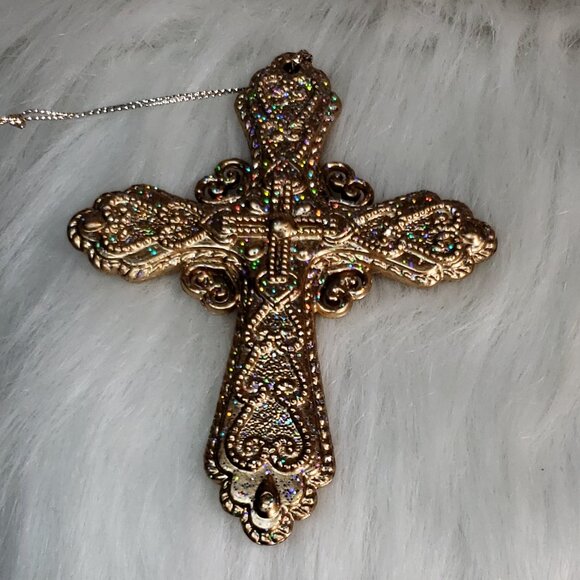 Golden Cross Ornament with Holo Iridescent Sparkles - Picture 7 of 8
